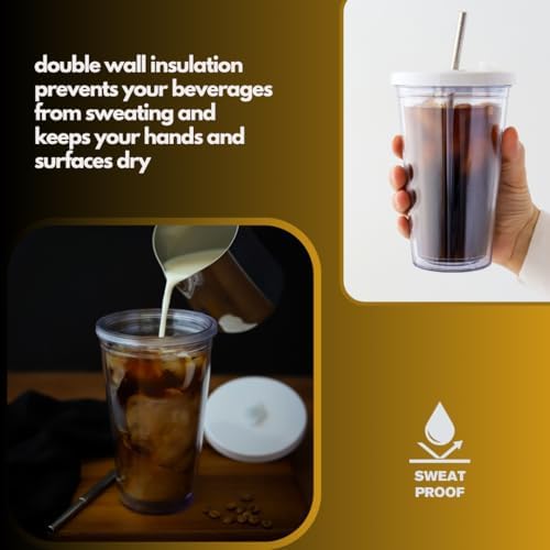 Reusable Iced Coffee Cup 16 Oz, Leakproof Iced Coffee Tumbler, Clear Plastic Tumbler with Lid and Straw, Double Wall Insulated, BPA-Free, No Sweat, for Hot and Cold Drinks - Image 5