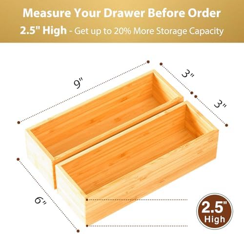 Umilife Bamboo Kitchen Drawer Organizer, Extra High Silverware Tray, Flatware Cutlery Storage Box, Multi-Use Holder in Office, Bathroom, Pantry - 9"x3"x2.5" (Set of 2) - Image 2