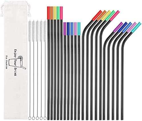 20 Pcs Black Reusable Stainless Steel Straws,10.5" & 8.5" Reusable Drinking Straws with 20 Silicone Tips 5 Straw Brushes 1 Travel Case,Eco Friendly Extra Long Metal Straw for 20 24 30 oz Tumbler by MUTNITT