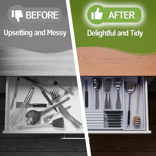 Bamboo Kitchen Silverware Drawer Organizer - Expandable Wood Utensil Holder with Dividers, Luxury Cutlery Storage Tray for Kitchen Utensil and Flatware (5-7 Slots with Removable Knife Block, Grey) - Image 3