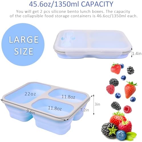 Large Collapsible Silicone Bento Lunch Box, 2 Pack with 3 Compartments Each,45.6oz Food Storage Containers with Spoons Forks, Portable for Work, Picnic, Travel, BPA Free（Blue+ Purple） - Image 3