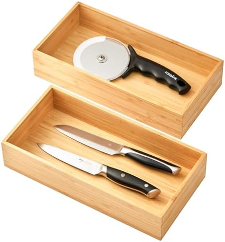 Umilife Bamboo Kitchen Utensils Organizer, Extra High Silverware Drawer Holder, Flatware Cutlery Storage Box, Multi-Use Drawer Divider in Office, Bathroom, Pantry - 12"x6"x2.5" (Set of 2) by Umilife