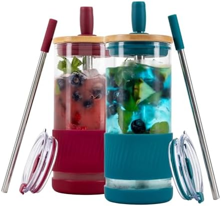 Pandaloo® Glass Cups With Lids and Straws -20 Fl Oz- Perfect Size Iced Coffee Cup - Smoothie Cup With Bamboo Lid and On the go Lid - Glass Tumbler (2 Count (Pack of 1), Boysenberry-Intense Teal) by Pandaloo
