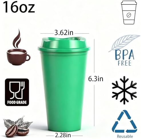 16oz Reusable Plastic Coffee Cups with Lids, 13 Pack, Green - Image 2