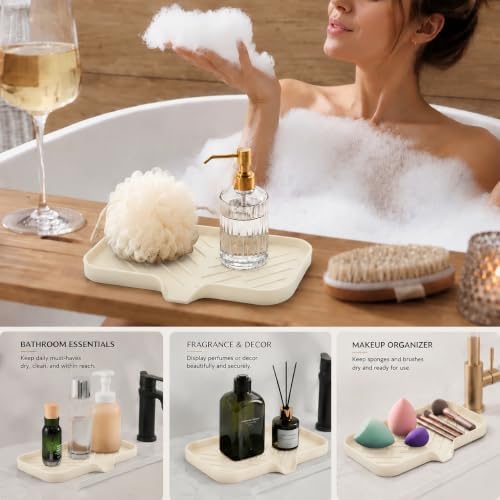 MicoYang Silicone Soap Dish with Drain Spout — Self-Draining Sink Organizer Tray for Bathroom & Kitchen, Sponges, Dispensers & Soap Holder, Non-Slip & Dishwasher Safe, Tapioca (Medium, 9.6"×5.3") - Image 3
