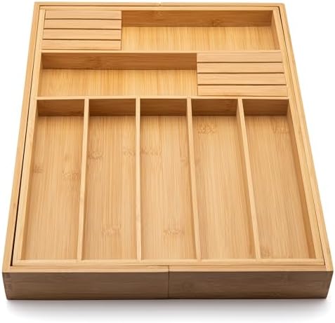 Purawood Bamboo Drawer Organizer with Knife Blocks - Silverware Organizer & Utensil Drawer Organizer, Cutlery Tray with Dividers, 7-9 Slots- Premium Kitchen Organizer for Utensils & Flatware (Natural) - Image 4
