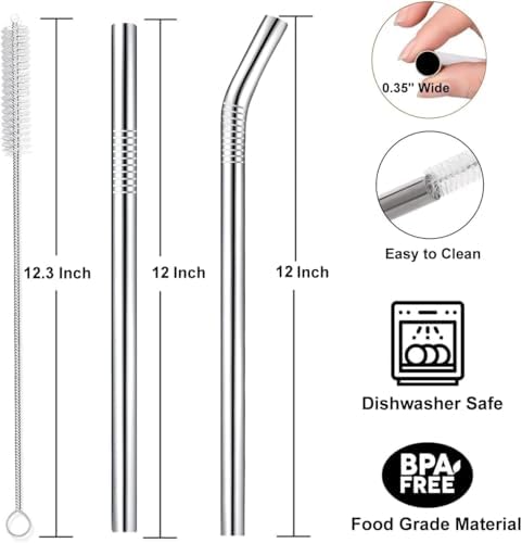 Vinaco 4 Pcs 0.35" Wide Bore Reusable Stainless Steel Metal Smoothie Straws - Image 2