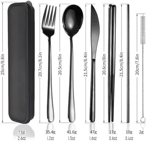 AARAINBOW 6 Pieces 18/8 Stainless Steel Flatware Set Portable Reusable Cutlery Set Travel Utensils Set Including Chopsticks Knife Fork Spoon Straws Cleaning Brush Dishwasher Safe (Black) - Image 5
