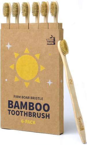 Firm Boar Bristle Bamboo Toothbrushes 6 Pack | Microplastics & Nylon Free; 100% Biodegradable & Compostable | Organic Natural Toothbrush; Hard Bristles Toothbrushes by ToothHaHa
