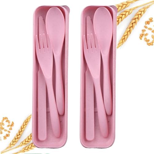 2Pack Pink Wheat Straw Travel Cutlery, BPA Free Utensils with Storage Case by Unknown