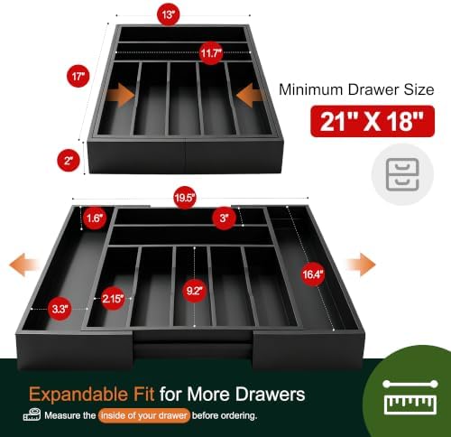 Large Premium Bamboo Silverware Organizer - Expandable Drawer Organizer & Utensil Organizer - 17"x19.7" Cutlery Tray with Dividers for Kitchen Utensils and Flatware (7-9 Slots) (Black) - Image 2