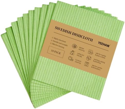 YEEHAW Swedish Dishcloths for Kitchen 10 Pack, Green Cellulose Sponge Cloths, No Odor Resuable Cleaning Cloths, Super Absorbent Dish Cloth for Kitchen, Bathroom, Glass Surface, Furniture 7"×6" by YEEHAW