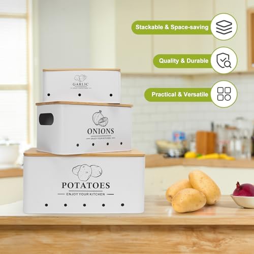 Kitchen Vegetable Storage Set of 3, Metal Onion Garlic Potato Storage Set, Kitchen Canisters Vegetable Keeper Containers with Aerating Holes and Bamboo Lid,White - Image 2