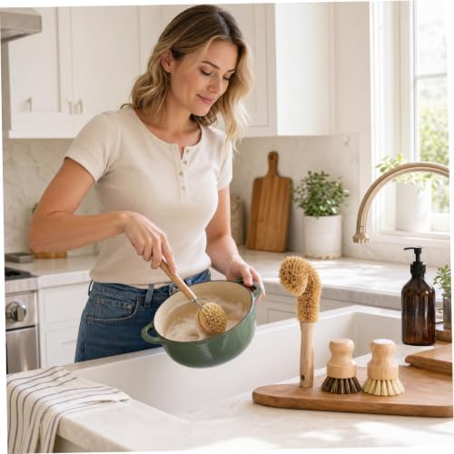 Wooden Dish Brush, 4-Piece Dish Brush Set, Natural Fiber Brushes With Wooden Handles, Non-scratch Coconut Palm & Sisal Bristles For Kitchen Cleaning, Natural Fiber - Image 3