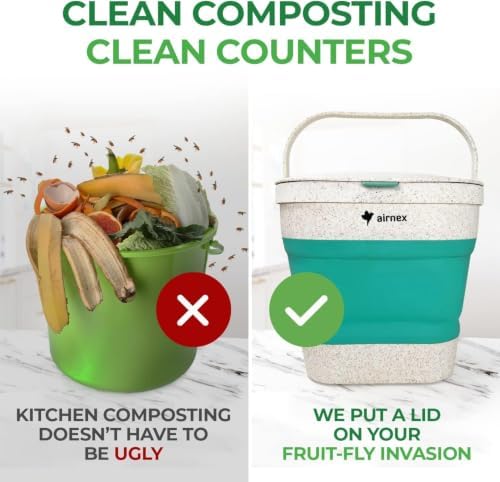 AIRNEX Collapsible Small Compost Bin with Lid - 1 Gallon Compost Bucket Food Waste Caddy Made of Wheat Straw - Odorless Counter Top Compost Bin for Kitchen with 20 Compost Bags and 2 Carbon Filters - Image 4