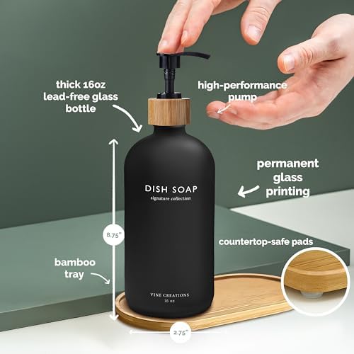 Vine Creations Black Glass Soap Dispenser Set, Hand Soap and Dish Soap Dispenser Set with Bamboo Tray, 16 oz Glass Dispensers Bottle for Kitchen and Bathroom Decor Modern Boho with Bamboo Pump (Black) - Image 5