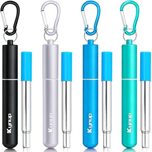 Kynup 4Packs Reusable Straws, Metal Straw with Silicon, Travel Drinking Straws with Case, Keychain, Cleaning Brushes, Silicon Pcs Perfect for Travel, Gifts (20 PCS) Blue-Black-Silver-Turquoise by SunhpMallLLC