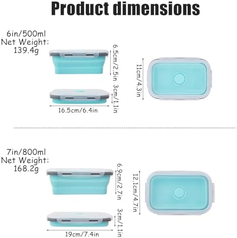 2 Pcs Collapsible Silicone Bowls with Lids, 500ml & 800ml Rectangular Foldable Food Storage Containers, Reusable Meal Prep Bowls, Microwave Freezer Safe, Ideal RV Camping Travel Accessories,Blue - Image 2