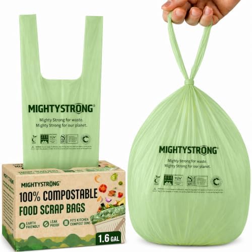 Compost Bags with Handles - 50 Pieces 1.6 Gallon/6 Liter Compostable Trash Bags, Small Trash Bags, Certified By BPI And OK Compost, Food Scrap Waste Bags by MIGHTYSTRONG