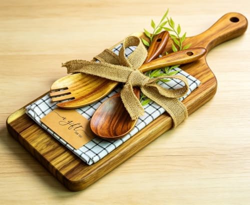 ZeQi Acacia Wood Cutting Board Gift Set, Perfect Housewarming Gift, Ideal Holiday Gift, Premium Wooden Serving Board with Salad Spoon & Fork, Linen-Look Napkin, Kitchen Utensil Set for Serving, Decor - Image 3