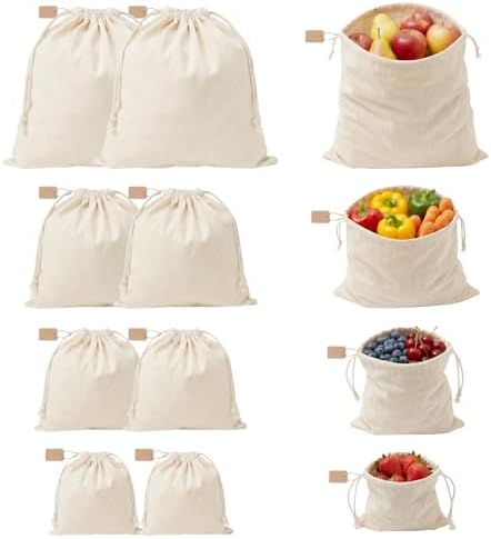 Set of 8 Ambrosia Cotton Produce Bags Drawstring Muslin by FMLIUY