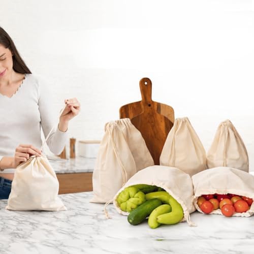 Reusable Cotton Produce Bags, Drawstring Washable, Pack of 6 by SOUSHOUSE