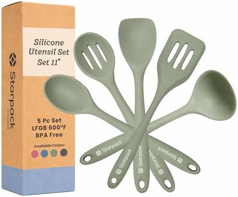 Starpack Stir and Serve Silicone Cooking Utensils Set (5-Piece, 11") - LFGB Non Toxic, 600°F Heat Resistant, BPA-Free - One-Piece Seamless, Dishwasher Safe - for Nonstick Cookware, Sage Green by StarpackHome