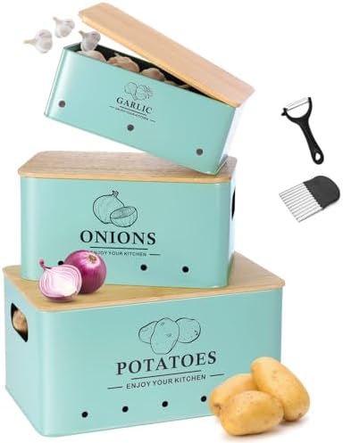 Kitchen Vegetable Storage Set of 3, Metal Onion Garlic Potato Storage Set, Kitchen Canisters Vegetable Keeper Containers with Aerating Holes and Bamboo Lid，Blue by Dekosilave