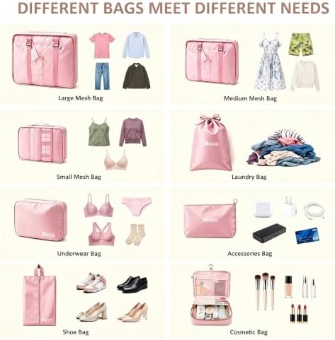 8 Set Packing Cubes for Travel Essentials With Hanging Toiletry Bag for Women, Lightweight Suitcase Organizer Bags with Mackup bag, Carry On Luggage Accessories (Pink) - Image 3