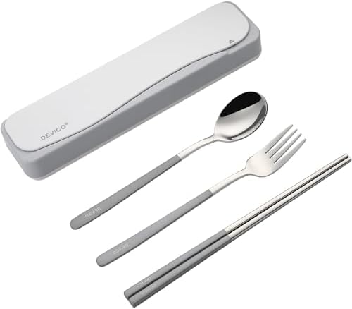 DEVICO Travel Utensils with Case, 4Pcs Portable Silverware Set for Work, 18/8 Stainless Steel Reusable Cutlery, Korean Spoon and Chopsticks Fork for Camping, School, Lunch Box Accessories (Grey) by DEVICO