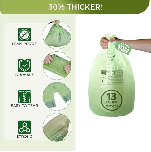 13 Gallon Compostable Trash Bags with Handle-Tie, Thick 0.87 Mil, 49.21 Liter, 30 Bags, Tall Kitchen Food Scrap Waste Bag, ASTM D6400, US BPI and OK Compost Home Certified - Image 3