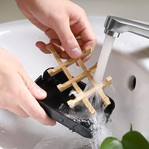 Bamboo Wooden Soap Dishes for Bathroom Bar Soap Holder Shower Soap Holder Sink Deck Bathtub Shower Tray (Two Pieces Black) - Image 5