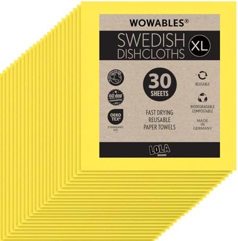 Swedish Dishcloths for Kitchen XL, 30 Sheet Roll, Biodegradable & Compostable, Reusable Paper Towel Cleaning Cloths, 11" x 10", No Odor, Washing Dishes, Ultra Absorbent Cellulose Sponge Towel, By LOLA by LolaProducts