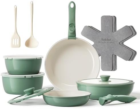 Redchef 16pcs Ceramic Pots and Pans Set Non Stick, Nonstick Ceramic Cookware Set with Detachable Handle, Non Toxic, PFAS PFOA & PTFE Free RV Cookware for Camping, Dishwasher/Oven Safe (Green) by Redchef