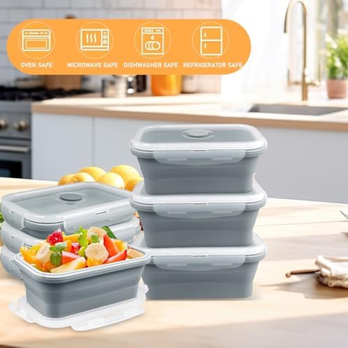 8 Pack 17 oz Collapsible Food Storage Containers, Silicone Lunch Boxes,Gray - Image 3
