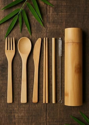 Eco-Friendly Travel Utensils Set: Lightweight Bamboo Forks, Spoons, Knives, Chopsticks, Straw in Wooden Case, Reusable Utensils for Lunch Box, Kids Camping Cutlery, Sustainable Portable Flatware - Image 4