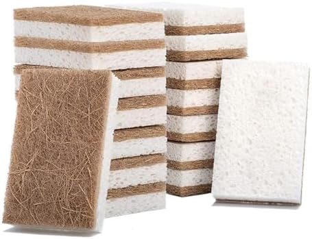 16 Pack Natural Cellulose Biodegradable Sponges, Non Scratch Kitchen Cleaning Sponge, Eco Friendly Coconut Fiber and Wood Cellulose Scrubber Sponge, Household Cleaning Sponges for Kitchen Dishwashing by SeaISee