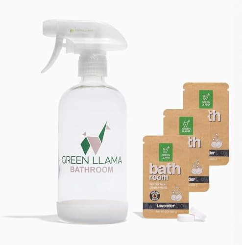 Green Llama Eco Bathroom Cleaner Spray - 16oz Glass Bottle, 3 Refill Tablets, Natural, Sustainable, Lavender Rosemary Scent - Safe, Effective for Home Surfaces - Ideal Choice for Eco-Conscious Living by GreenLlama