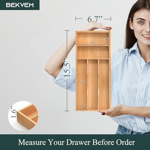 Silverware Organizer, Bamboo Kitchen Drawer Organizer, Utensil Holder, Cutlery Tray & Spoon Flatware Storage with Grooved Drawer Dividers (6.7''W x 15.5''D) - Image 2