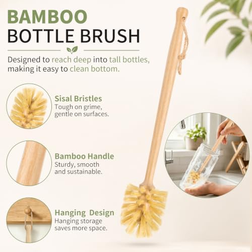 9PCS Bamboo Dish Brush Set with Bottle Brush and Straw Brushes - Image 4