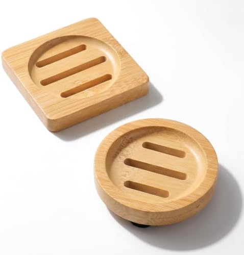 2 Pcs Bamboo Soap Holder, Wood Soap Dish (Round and Square) by Unknown