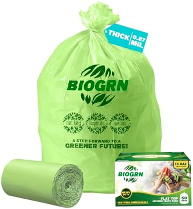 10-13 Gallon Compostable Trash Bags with Flat-Top 50 Bags Thick 0.87 Mil Leakproof Plant-based Tall Kitchen Wet Food Scrap Waste, ASTM D6400, US BPI and OK Compost Home Certified by BIOGRN