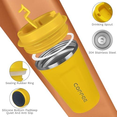 SPLMIFA Travel coffee mugs leak-proof, reusable coffee cup with lid, stainless steel vacuum insulated coffee tumblers, thermal insulation cups for men & women keep drinks hot & cold (2nd-Yellow, 17OZ) - Image 3