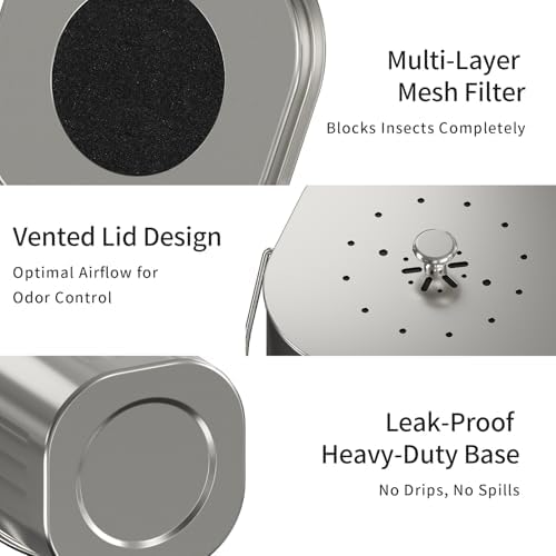 MRBIN Kitchen Compost Bin, Stainless Steel Countertop Trash Can 1.7 Gal with Lid and Charcoal Filter, Metal Small Indoor Rubbish Dustbin for Food Waste Recycle - Image 5