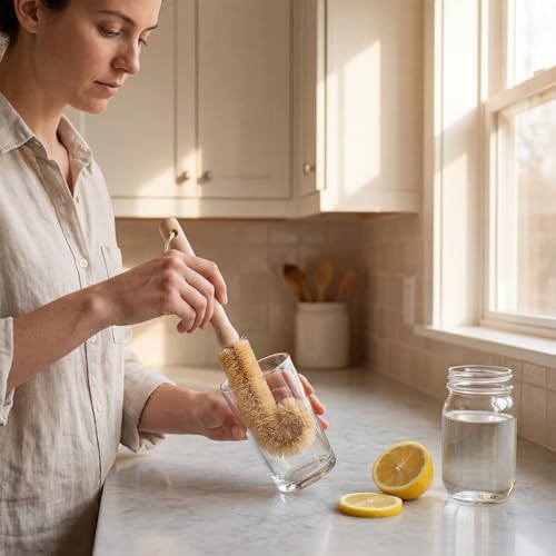 2-Piece Wooden Bottle Brush Set - Includes Tapered Cup Brush & L-Shape Coconut Scrubber - Beech Wood Cleaning Kit for Water Bottles, Glassware & Vases - Image 4