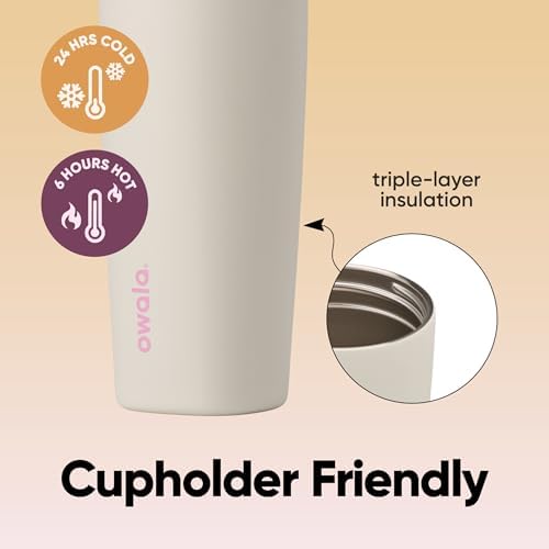 Owala SmoothSip Slider Insulated Stainless Steel Coffee Tumbler, Reusable Iced Coffee Cup, Hot Coffee Travel Mug, BPA Free 20 oz, Pink/Tan (Daybreak) - Image 3