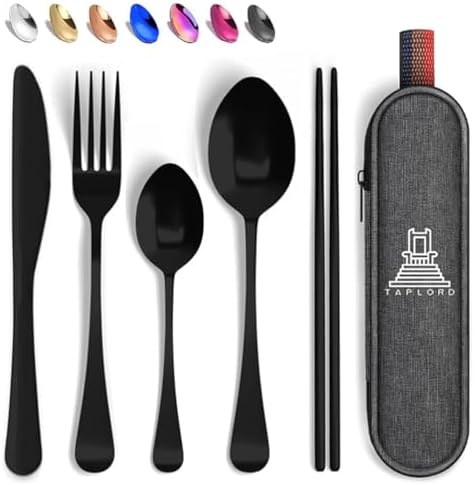 Taplord Portable Travel Silverware Set With Case, Includes 5 Pcs of Travel Utensils With Case, Stainless Steel Flatware Set For Camping, Easy to Travel, Lightweight (Black), Medium, TL-05B by Taplord