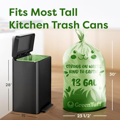 13 Gallon Compostable Trash Bags (40 Count) — Leakproof Plant-based Thick (1.1 Mil) Tall Kitchen Garbage Bags — ASTM D6400 BPI Certified — Heavy-Duty Large Food Scrap Liner Bag with Handle-Tie - Image 2