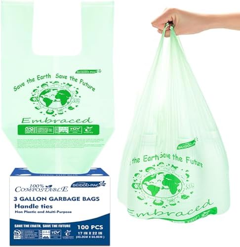 BEIDOU-PAC 100% Compostable Trash Bags, 3 Gallon Compost Bags Small Kitchen Trash Bags with Handle, 100 Count Sturdy Garbage Bags Food Scrap Waste Bags, ASTM D6400, US BPI Certified by BEIDOU-PAC