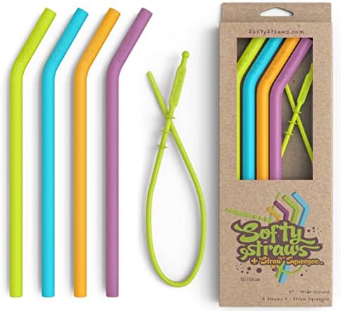 Softy Straws Wide Premium Reusable Silicone Drinking Straws + Patented Straw Squeegee - 9” Long With Curved Bend for 20 30 32 oz Tumblers Non Rubber, Flexible, Safe for Kids/Toddlers, Smoothie by SoftyStraws